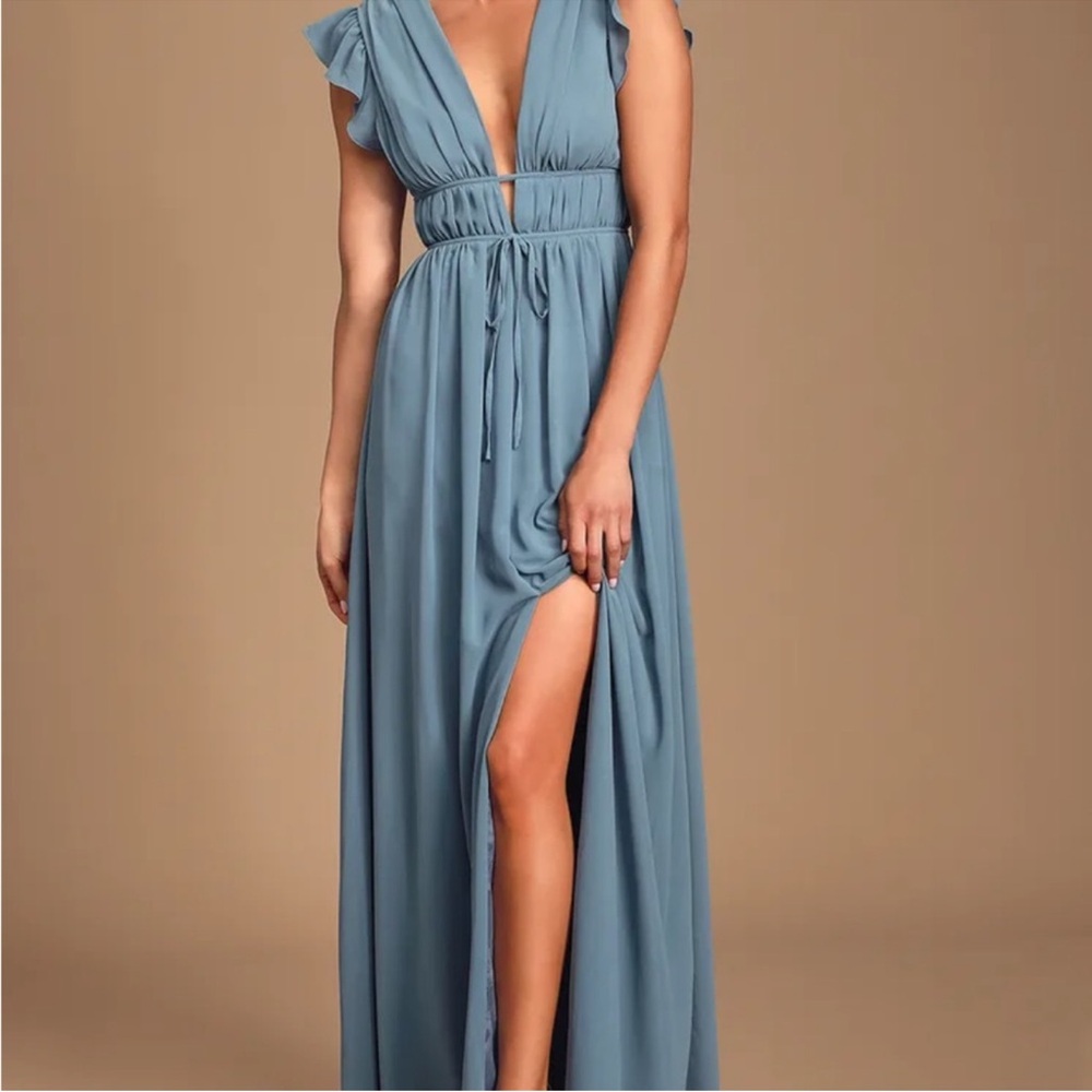 Lulus I'm All Yours Slate Blue Ruffled Maxi Dress Medium bridesmaid dress